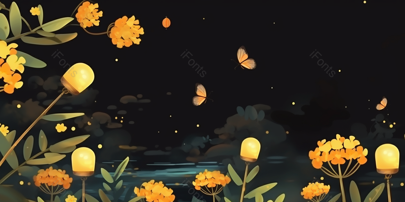 手绘卡通宁静的夜晚月亮和桂花枝条,插画/手绘图,插画/手绘图库,插画/手绘图下载,插画/手绘